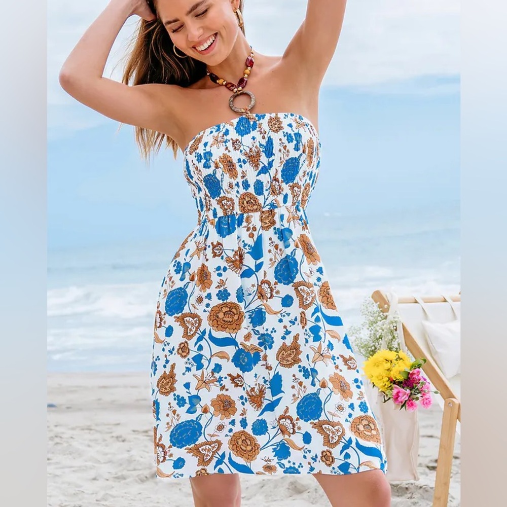 Smocked blue floral mini Dress, brown floral sundress, necklace halter dress
